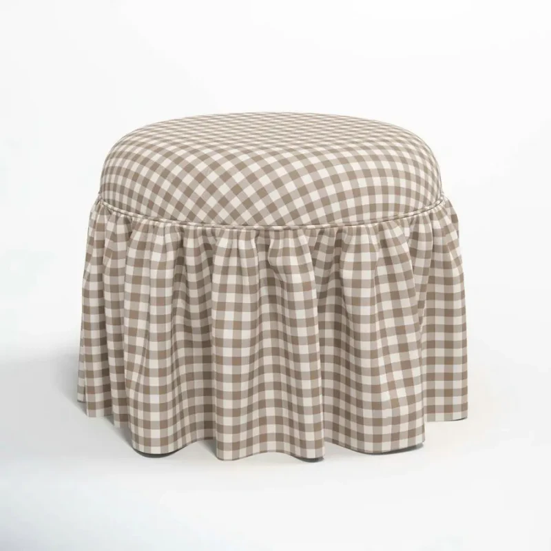 French-Country-Style-Checkered-Fabric-Upholstered-Round-Pouf-Ottoman-with-Ruffled-Skirt-Hotel-Hallway-Bench-Foot-Stool-for-Home