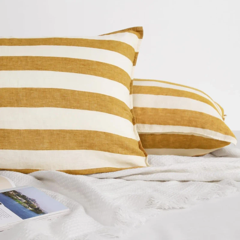 French-Linen-Pillow-Cases-Soft-Durable-Yarn-Dyed-Pillow-Cover-Bedding-Set-Woven-Can-Be-Customized-Yellow-Stripe