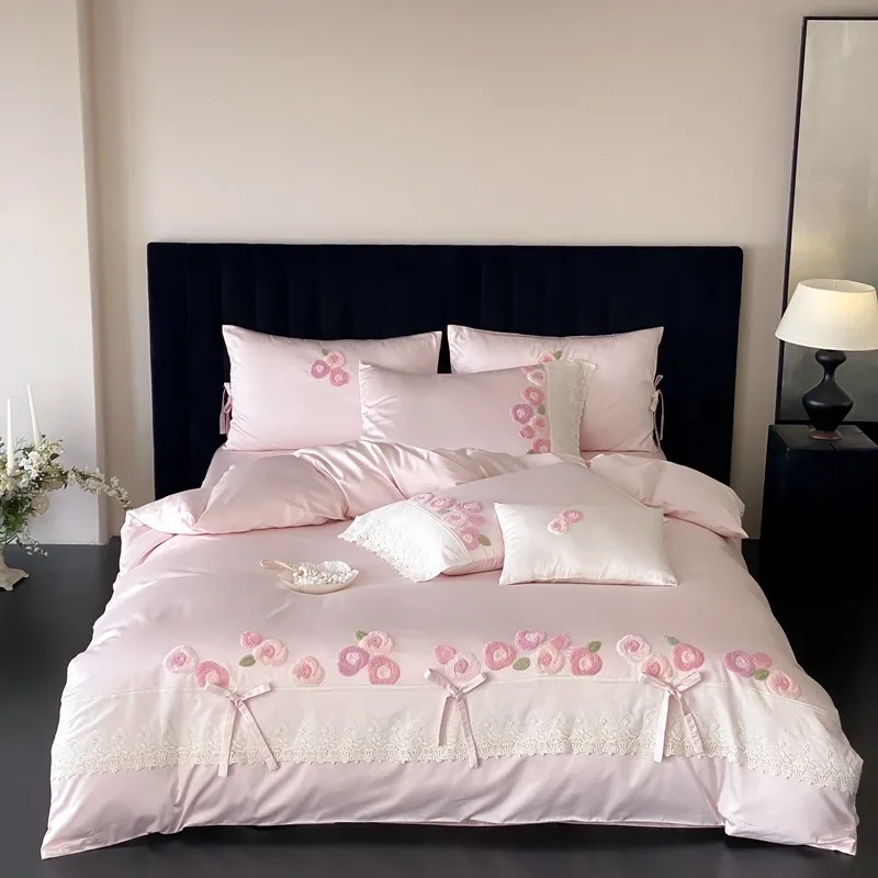 French-Princess-Bedding-Set-300TC-100-Cotton-3D-Floral-Embroidery-Ruffle-Lace-Duvet-Cover-Luxury-Shabby-Chic-Girls-Bows