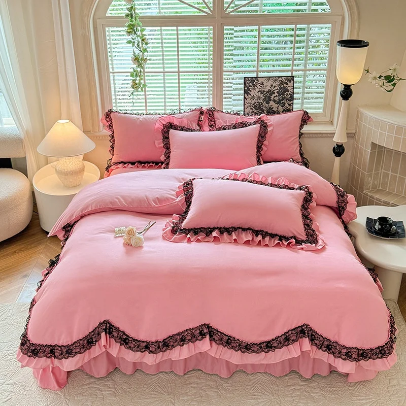 French-Romantic-Princess-Style-Black-Lace-Bed-Skirt-Ruffles-Edge-Brushed-Fabric-Eco-Friendly-Machine-Washable-Soft-Bedding-Sets