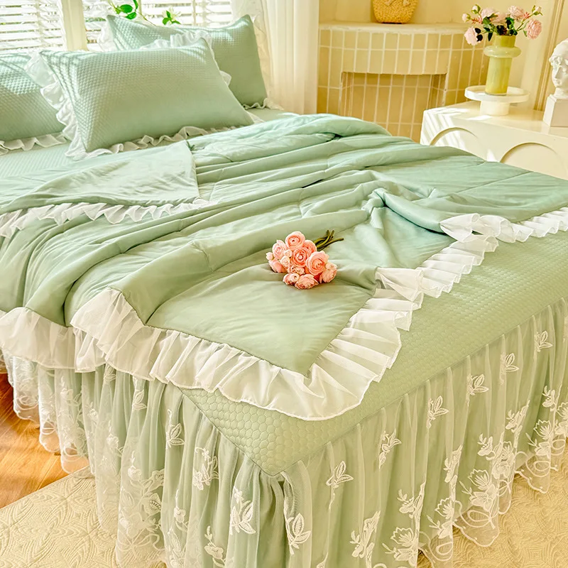 French-Ruffle-Edge-Light-Green-Summer-Sleep-Aid-Lace-Summer-Cool-Blanket-Bed-Skirt-4-piece-Set-for-Home-Use