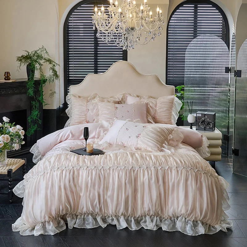 French-Style-Princess-Lace-Ruffled-Bed-Skirt-Long-Staple-Cotton-Sweet-Creamy-Bowknot-Bedding-Set-Vintage-for-Wedding-Home