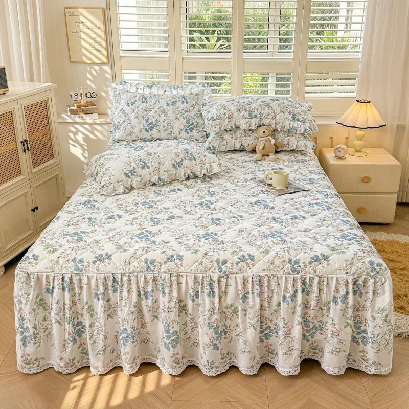 French-Style-Ruffled-Romantic-Bed-Cover-Flower-Printed-Bed-Skirts-Cotton-Bedsheets