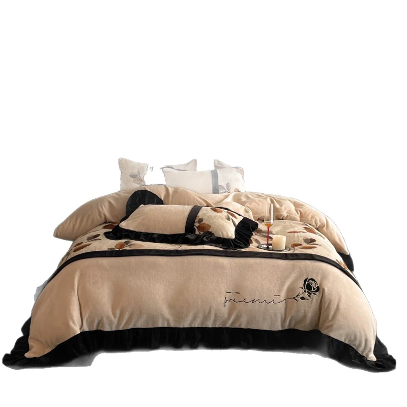 French-Style-Velvet-Comforter-Set-500TC-Cotton-Filled-4pcs-Solid-Multiple-Colors-All-Season