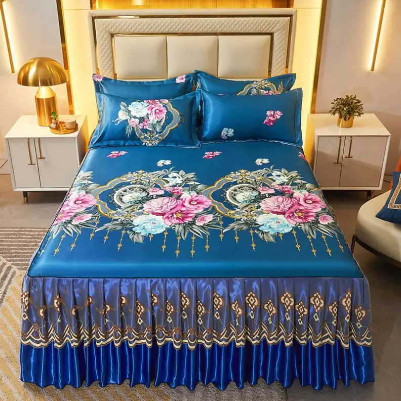 Full-Queen-King-Size-Ice-Silk-Bedsheet-Lace-Summer-Mat-Parisian-Style-Sea-of-Flowers-3-Pieces-2-Pillow-CasesBed-Skirt-Sets