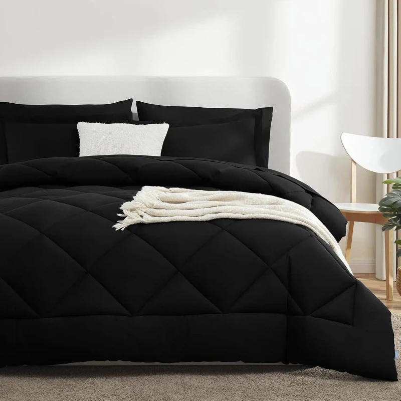 Full-Size-Comforter-Sets-Black-Pillowcases-Bedding-Set-with-Down-Alternative-Comforter