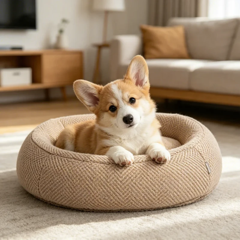 GRS-Rhombus-Check-Linen-Fabric-Oval-Washable-Indestructible-Removable-Chew-Proof-Carton-Dog-Bed