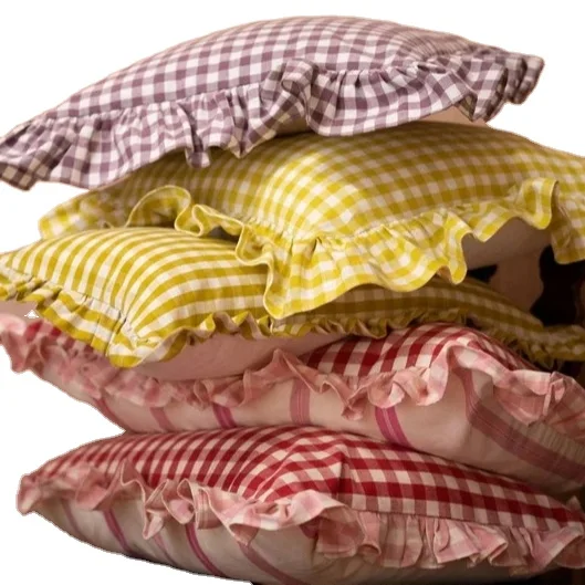 Gingham-Cotton-Linen-Ruffle-Pillowcase-With-Frill-Mothers-Day-Gift-2-Sides-Different-Bed-Pillow-Case-Cover-40-60-cm