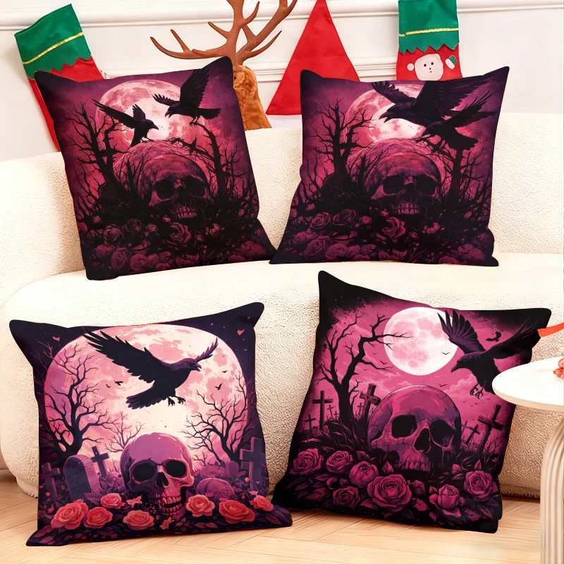 Gothic-Halloween-throw-pillows-with-skulls-crows-and-full-moon-for-spooky-seasonal-decor