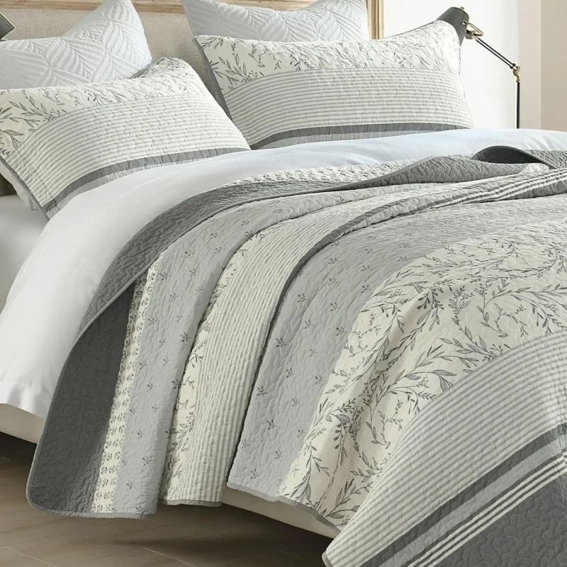 Grey-100-Cotton-King-Quilt-Set-3-Pieces-Lightweight-Soft-King-Bedspread-Coverlet-for-All-Seasons-Floral-King-Quilt-Bedding-Set