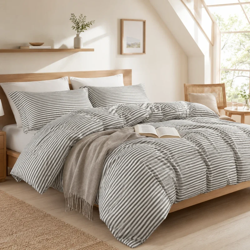 Grey-Stripe-Bedding-Set-OEM-ODM-Washed-Cotton-Duvet-Cover-with-Pillowcases