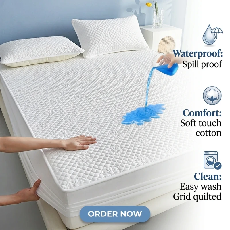Grid-Quilted-Pattern-Washed-Cotton-Quilted-Fitted-Sheet-Waterproof-Mattress-Protector-Bed-Protection-Pad