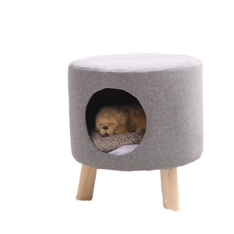 Handmade-Eco-Friendly-Small-Cat-Bed-Cave-Comfortable-Pet-Furniture-Nest-Stool-Solid-Pattern-Made-Bamboo-Wood-Corduroy-Linen-Wool