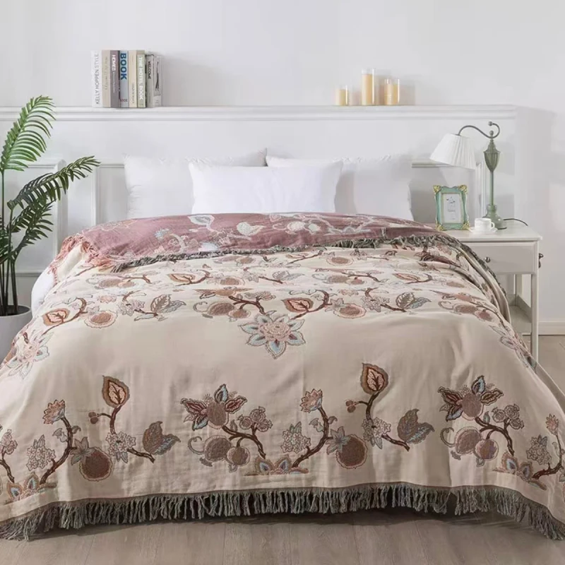 Hemp-Gauze-Four-Season-Jacquard-Tassel-Ultra-Soft-Home-Large-Bed-Cover-Blanket-200-230cm-Modern-Floral-Pattern-Pomegranate