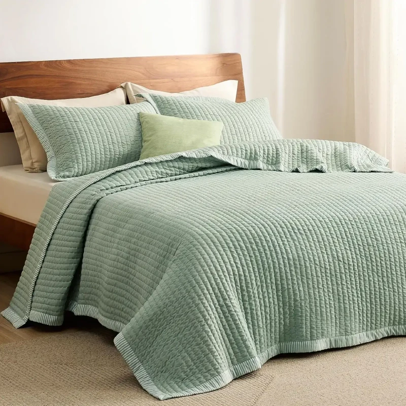 High-Quality-100-Cotton-3-Piece-Quilted-Bedspread-Set-with-Polyester-Filling-Green-Full-Queen-King-Sizes