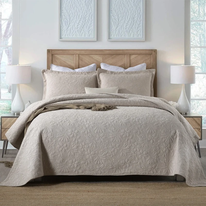 High-Quality-100-Cotton-Bedspread-Set-OEM-Accept-Bedding-Coverlet-Oeko-Standard-Khaki-Embroidered-Plant-Pattern-100TC-Thread