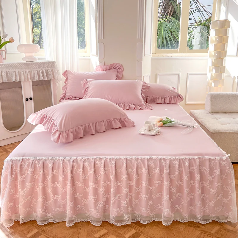 High-Quality-Bed-Skirt-Washed-Polyester-Fabric-Lace-King-Size-Adjustable-Solid-Color-Bed-Skirt