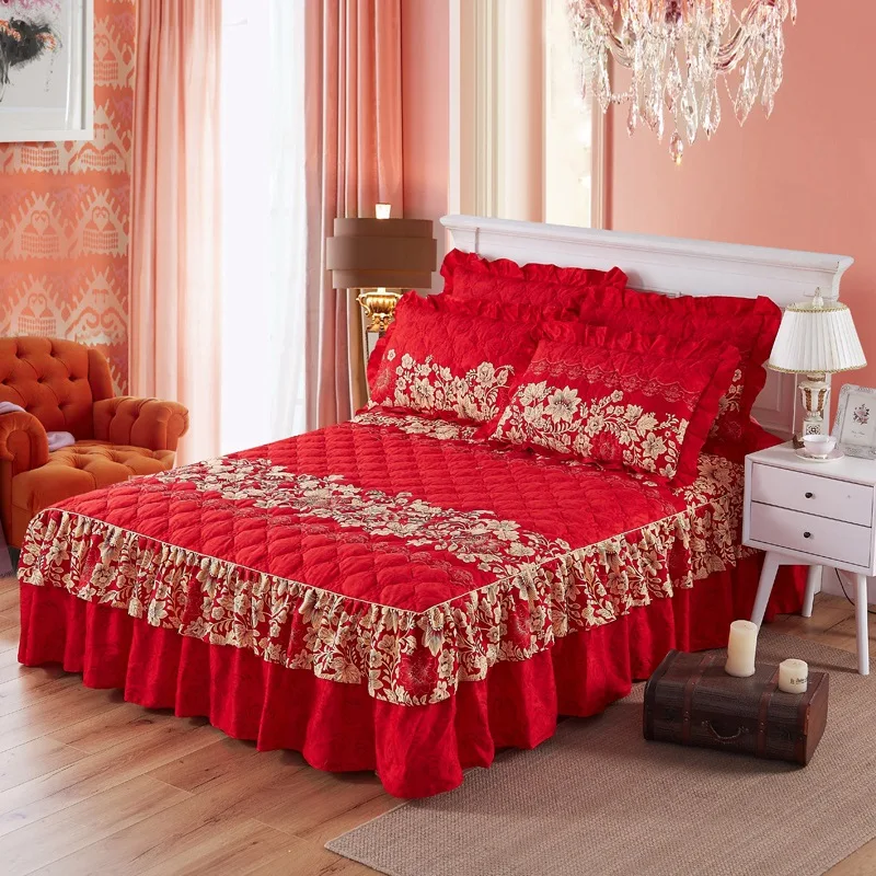 High-Quality-Bed-Skirts-Set-Double-Layer-Bedspread-Floral-Printed-Bed-Sheet-Bilateral-Bed-Skirt-2-Pair-of-Pillowcase-Bedsheets