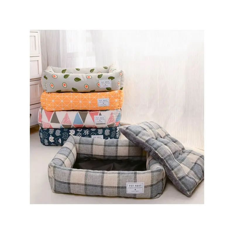 High-Quality-Velvet-and-Linen-Detachable-Square-Printed-Fortune-Cat-Memory-Foam-All-Seasons-Big-Dog-Bed-With-Cushion