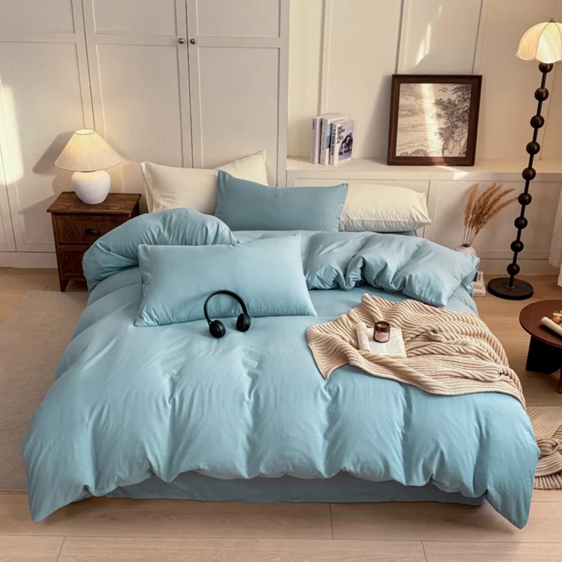High-Quality-Washed-Cotton-Solid-Pattern-Bed-Sheet-Set-with-Flat-Sheet-Pillowcases-Bedspread-Durable-4-Piece-Set-From-China