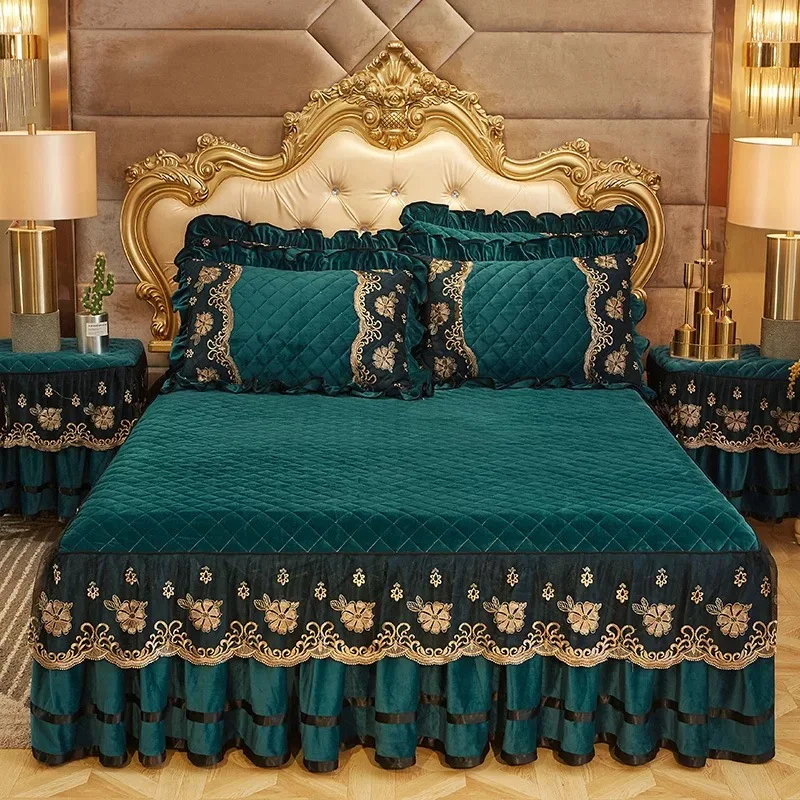 Home-Embroidery-Lace-Bed-Skirt-Set-Bedspread-Cotton-Skirt-Bedding-Set-4pcs