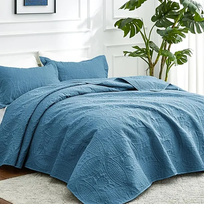 Home-Textile-3-Pcs-Embroidery-Ultrasonic-Quilt-Bedspread-Polyester-American-Style-Anti-Static-All-Season