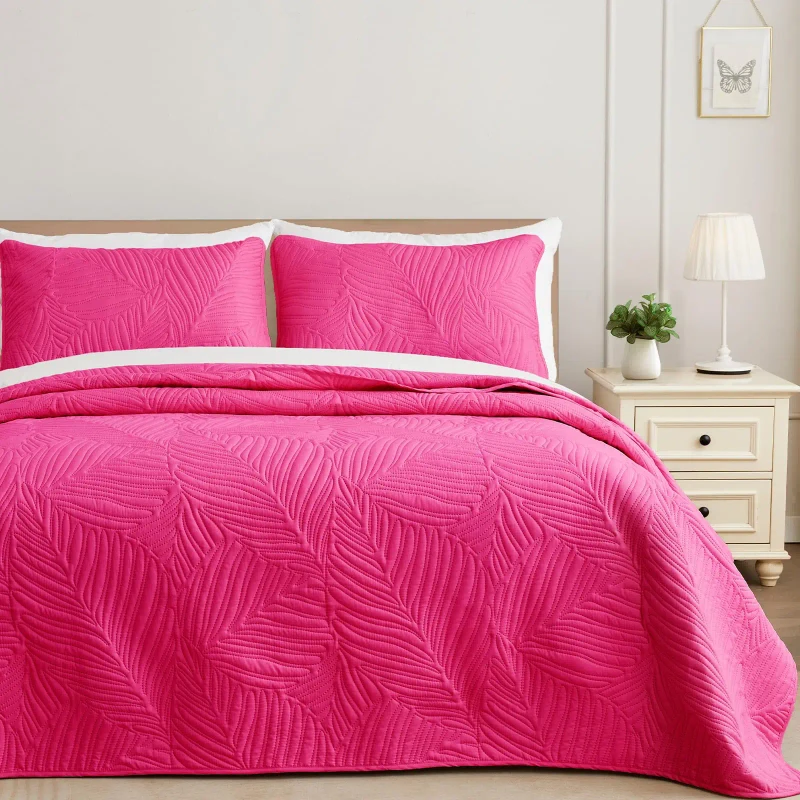 Hot-Pink-Soft-Lightweight-Microfiber-Bedspreads-Coverlets-Bed-Cover-Quilt-Bedding-Set-with-Leaf-Pattern-for-All-Seasons