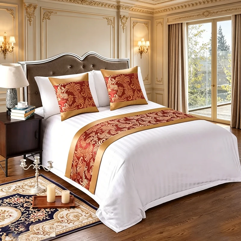 Hotel-Bedding-Anti-Dust-Mite-200TC-Woven-Polyester-Floral-Pattern-Good-Drape-Color-Matching-Bed-End-Towel-Bed-Flag-Bed-Runner