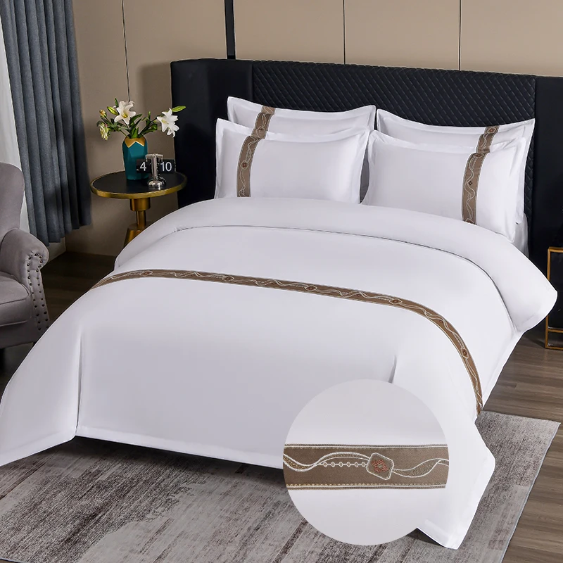 Hotel-Stars-Rated-Woven-Tape-Stickers-Ground-Pure-White-Four-Pieces-Cotton-Bed-Sheets-King-Size-Bedding-Set