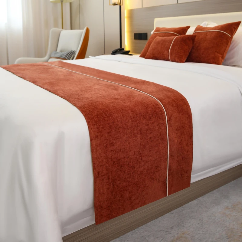 Hotel-Supplies-One-Stop-High-Quality-Hotel-Bed-Runners-Elegant-Decorative-Hotel-Bedding-Orange-Army-Green-Yellow-Bed-End-Flag