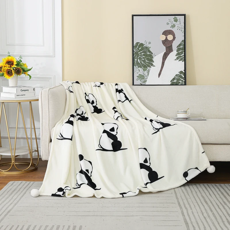 In-Stock-Extra-Large-Panda-Printing-Sofa-Bed-Blanket-Soft-Flannel-Fleece-Blanket-With-Big-Pom-Pom