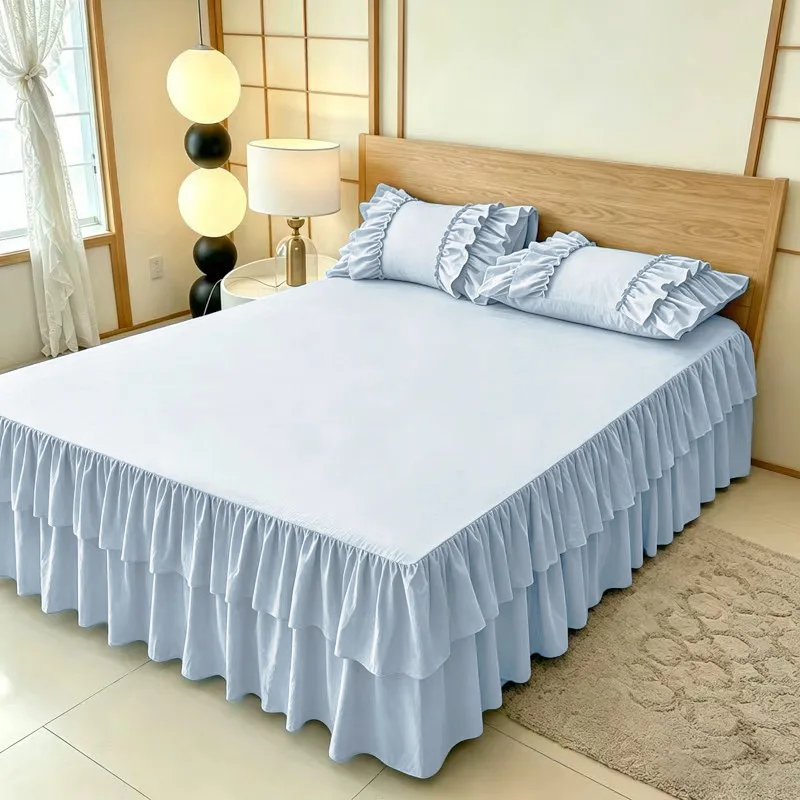 Japanese-Style-Double-Layer-Ruffled-Bed-Skirt-Elastic-Wrap-Around-Dust-Ruffle-for-Queen-Size-Bed-Boho-Home-Decor