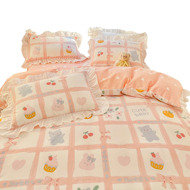 Japanese-Styles-Organic-Nature-Princess-4-Piece-Bedding-Set-for-Boys-Girls-Fruits-Cherry-Pattern-Cotton-Kids-Cartoon-Bedding