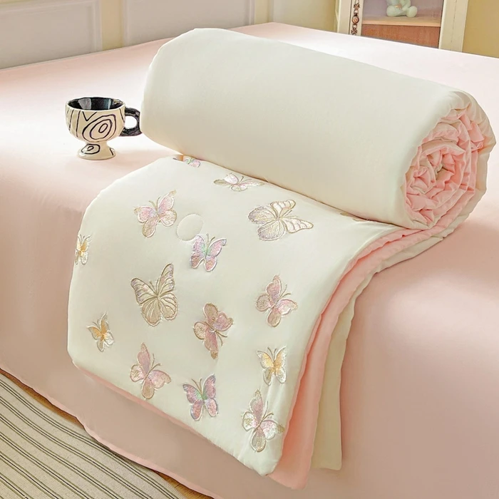 King-Size-4-Pcs-Washed-Brushed-Fabric-Embroidery-Summer-Quilt-Air-Conditioning-Comforter-Set-Dream-Butterfly-Pattern
