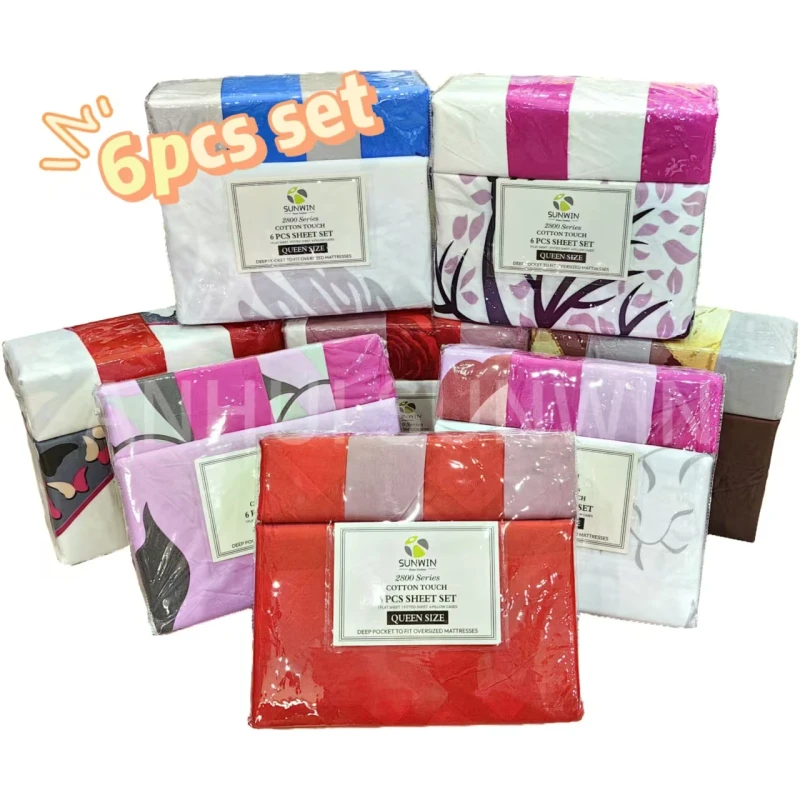 King-Size-Bedding-Set-6pcs-Floral-Print-Fitted-Sheet-Pillowcase-Woven-Microfiber-6pieces-Bedding-Set