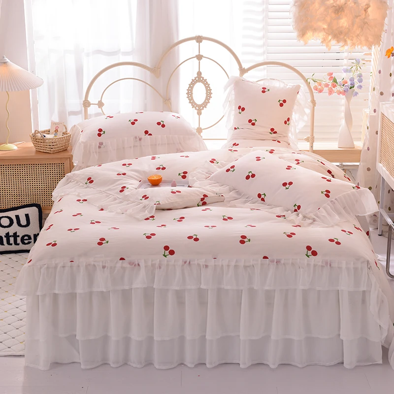 Korean-Style-Jacquard-Lace-Princess-Lovely-Cherry-Printed-Full-Cotton-Ruffed-Lace-Bed-Skirt-Bed-Sheets-Cotton-Set