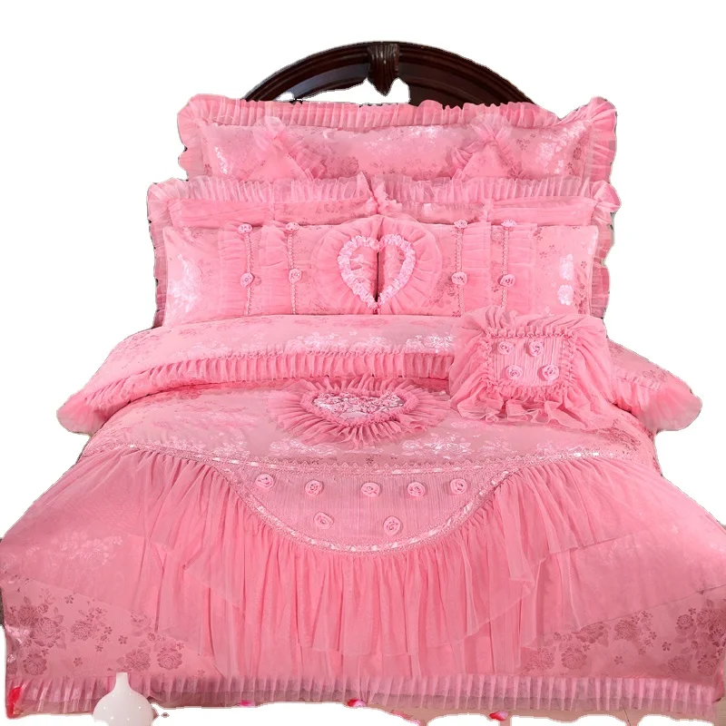 Korean-Style-Lace-Princess-Embroidered-Pink-Red-Wedding-Bed-Spreads-With-Bolsters-Flower-Curtain-Bedding-Set