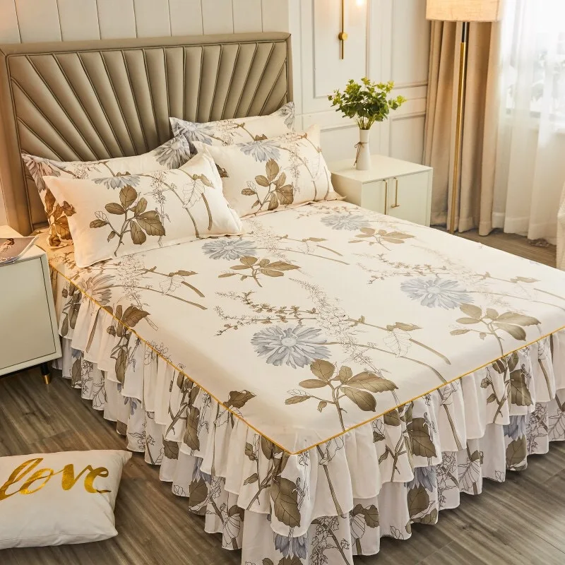Lace-Bed-Sheet-Skirt-Set-Floral-Printed-Bed-Cover-Single-Queen-King-Size-Bedspread-2-Pcs-of-Pillowcase-Bedsheets