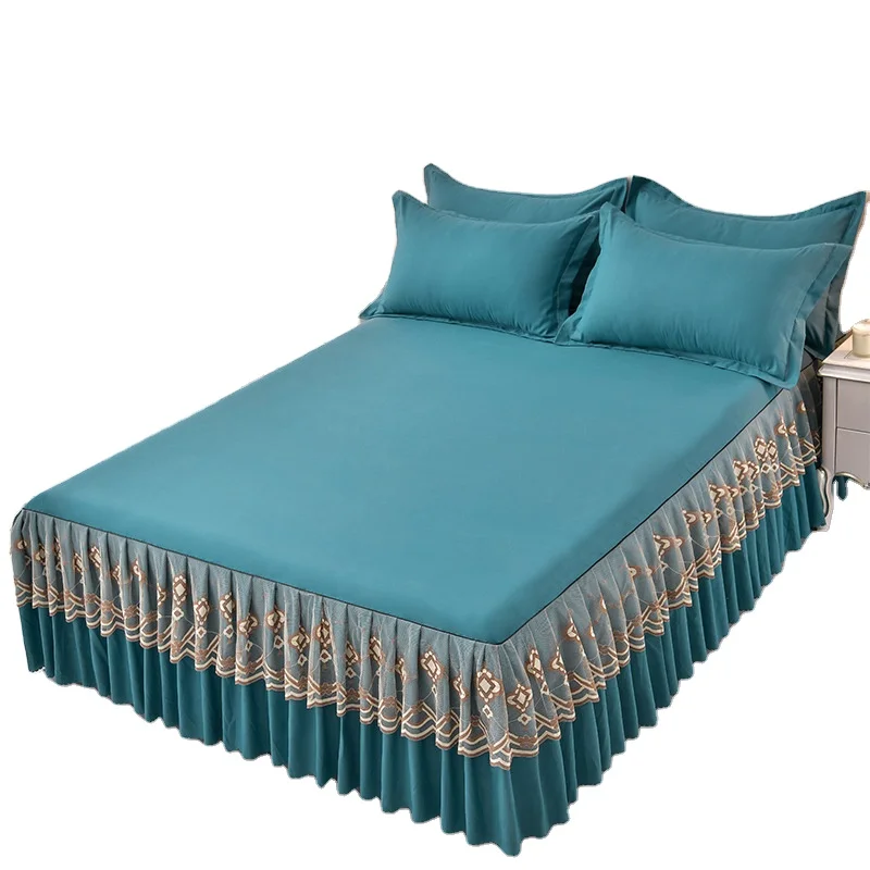 Lace-Bed-Skirt-Bed-Cover-Ruffled-Solid-Color-Single-layer-Sanded-Modern-Three-piece-Set