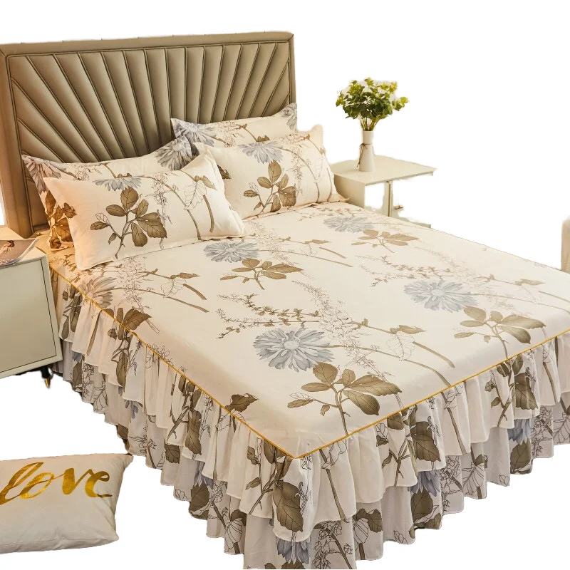 Lace-Printed-Floral-Polyester-Cotton-Bed-Sheet-Skirt-Set-Hotel-Home-Use-Single-Queen-King-Size-Includes-2-Pillowcases
