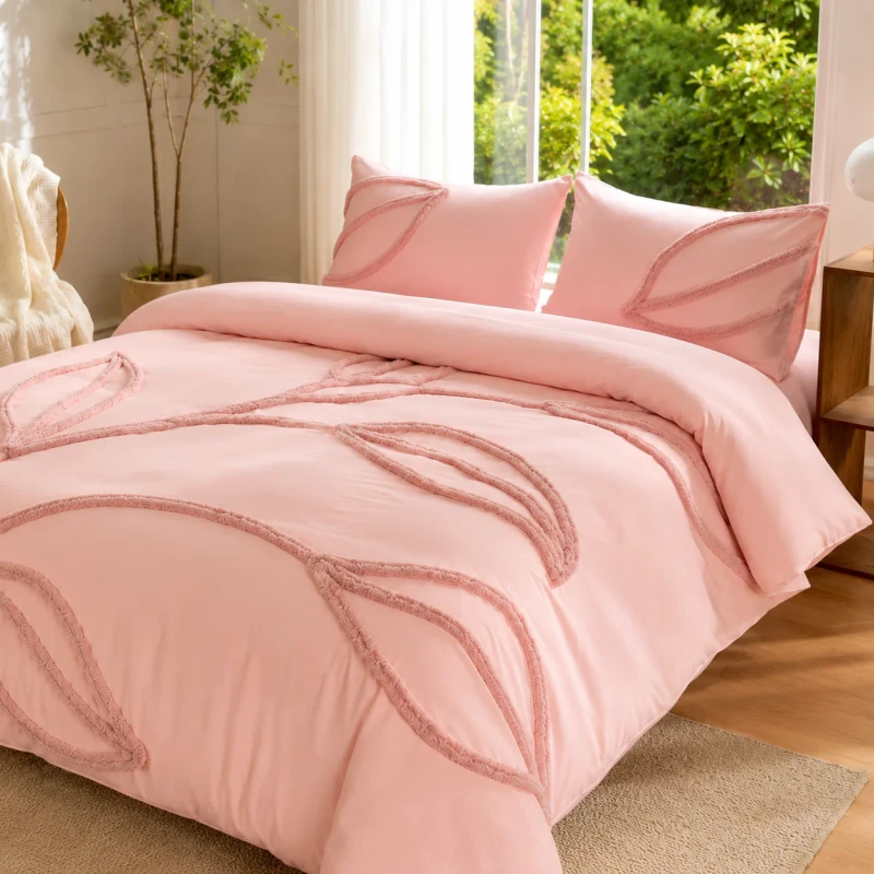 Leaf-Tufted-Duvet-Cover-Set-Soft-Blush-with-Pillow-Shams-Hidden-Zipper