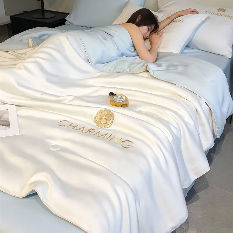 Light-Luxury-Class-Summer-Printed-Home-Quilt-Set-Washed-Silk-Embroidered-Ice-Silk-Cool-Feeling-Air-Conditioning-Polyester
