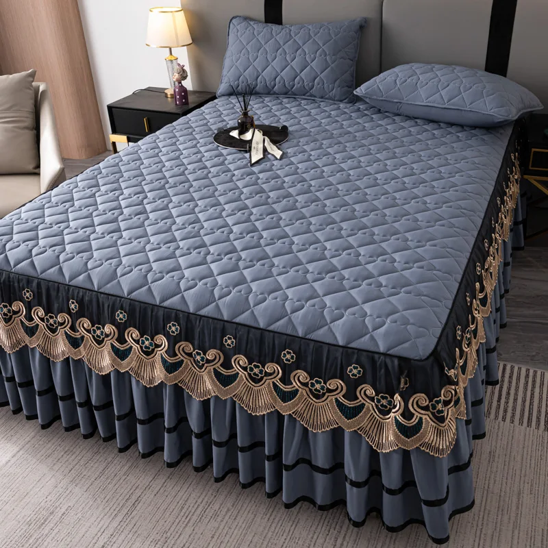 Light-Luxury-Thick-Embroidery-Heart-Design-Bed-Skirt-Hotel-Home-Bedding-Bed-Ruffle