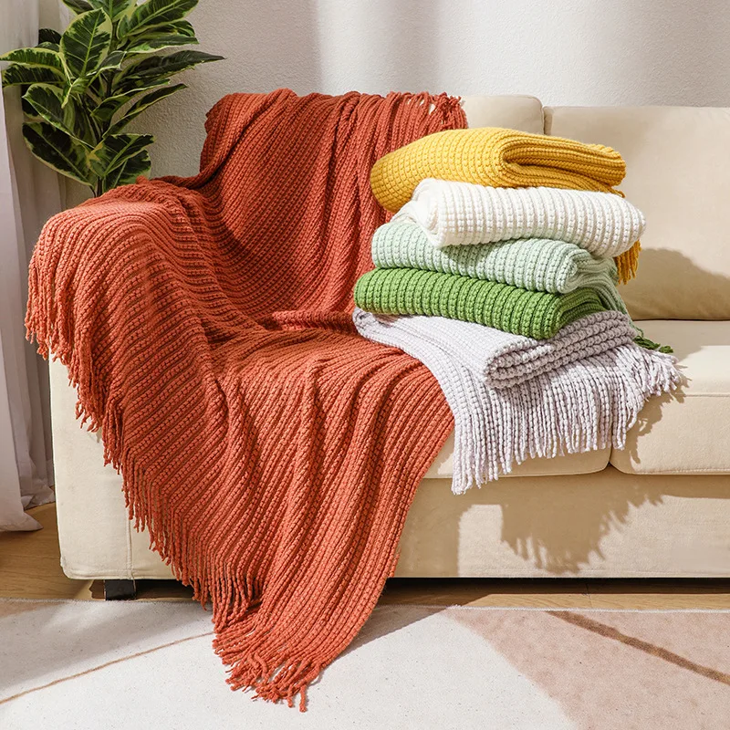 Lightweight-Knitted-Throw-Blanket-with-Tassels-Soft-and-Comfortable-Bubble-Texture-Plain-Style-for-Home-Sofa-Decoration