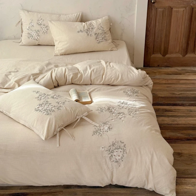 Literary-Style-Cotton-Embroidery-Solid-Color-Bedding-Set-Fresh-Breathable-Luxury-Bed-Sheets