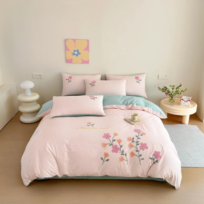 Luxury-100-Long-staple-Cotton-4-Piece-Bedding-Set-Tufted-Towel-Embroidery-Duvet-Cover-Floral-Eco-friendly-Breathable-Bed-Linen