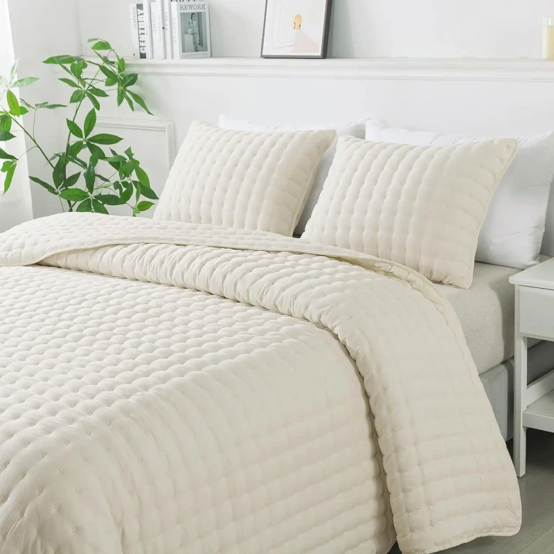 Luxury-100-Polyester-Embroidery-Quilting-Bedspread-Coverlet-Cream-Color-Lightweight-All-Seasons-Use-for-Home-Bed-Set
