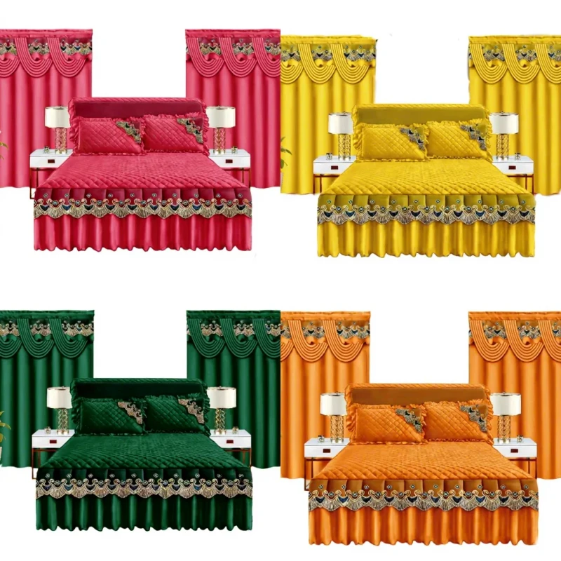 Luxury-5-Piece-Bedding-Set-Quilted-Double-Queen-Size-Bed-Skirt-Lace-Curtain-Pillowcases-for-Home-Textile-Summer-Season