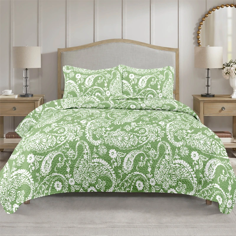 Luxury-All-Season-Polyester-Microfiber-Printed-Flower-Green-Quilt-Coverlet-Bedspread
