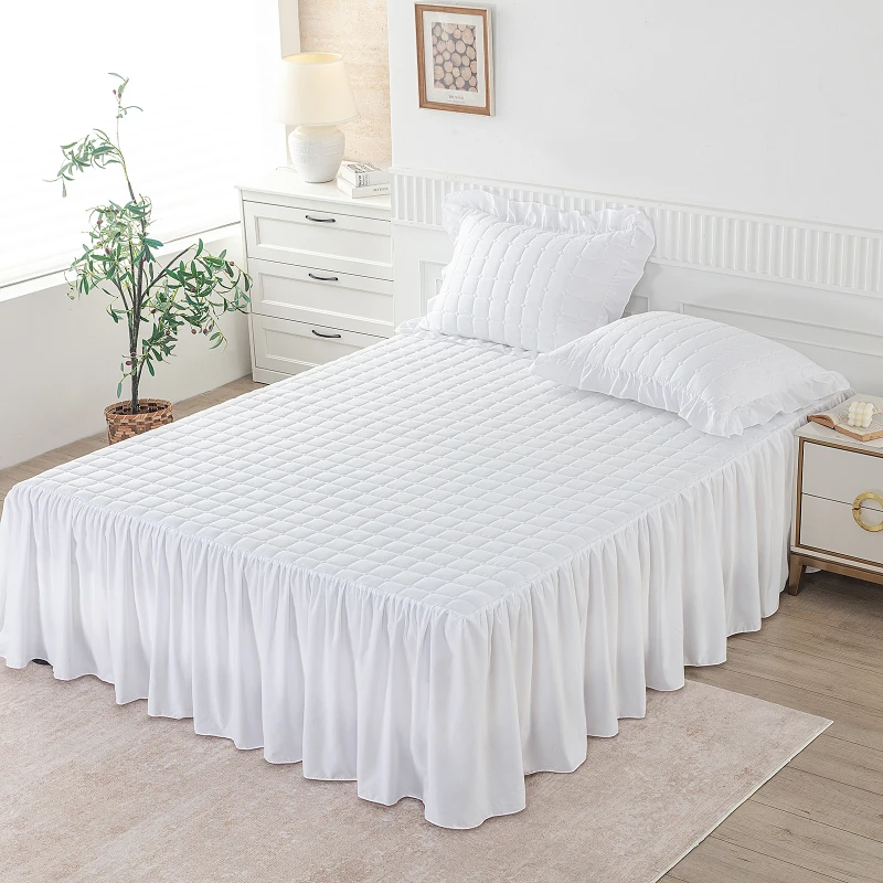 Luxury-Bed-Skirt-White-Ruffled-Mattress-Protector-Elastic-Band-Solid-Color-Quilted-Skin-Friendly-Bedding-Polyester-Hotel-Home